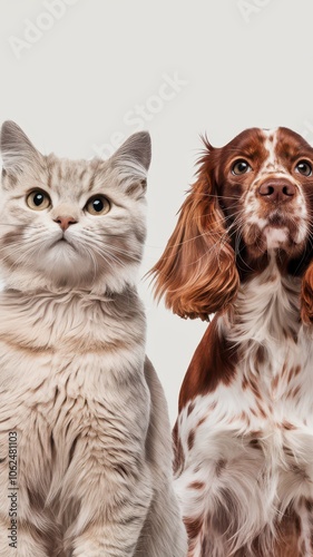 Cat and Dog Together, Looking Up with Curious Expressions