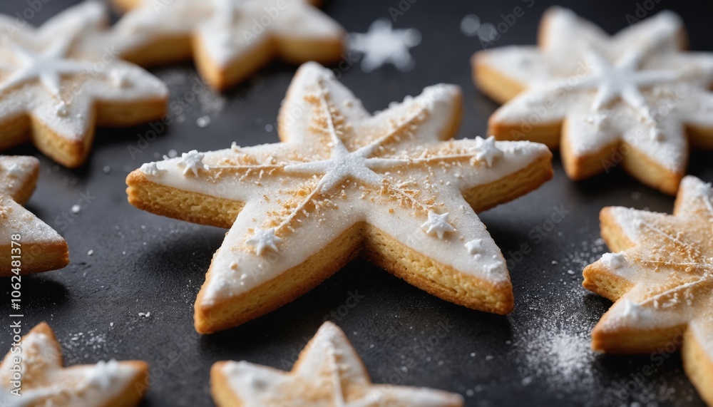 Delightful star-shaped cookies sprinkled with powdered sugar on a textured surface during a festive baking session Delightful star-shaped cookies sprinkled with powdered sugar on a textured surface during a festive baking session