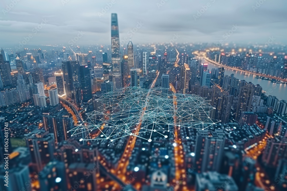 Obraz premium Aerial view of a modern city skyline with digital network connections during twilight hours