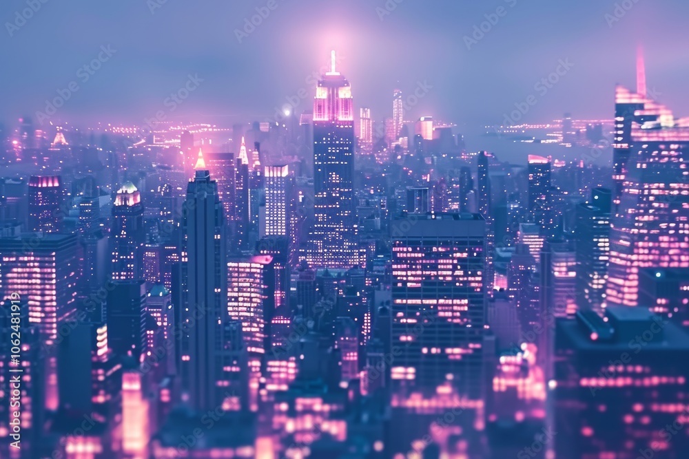 A vibrant view of City’s skyline at dusk, showcasing illuminated skyscrapers and the Building surrounded by a soft glow A vibrant view of City’s skyline at dusk, showcasing illuminated skyscrapers and the Building surrounded by a soft glow