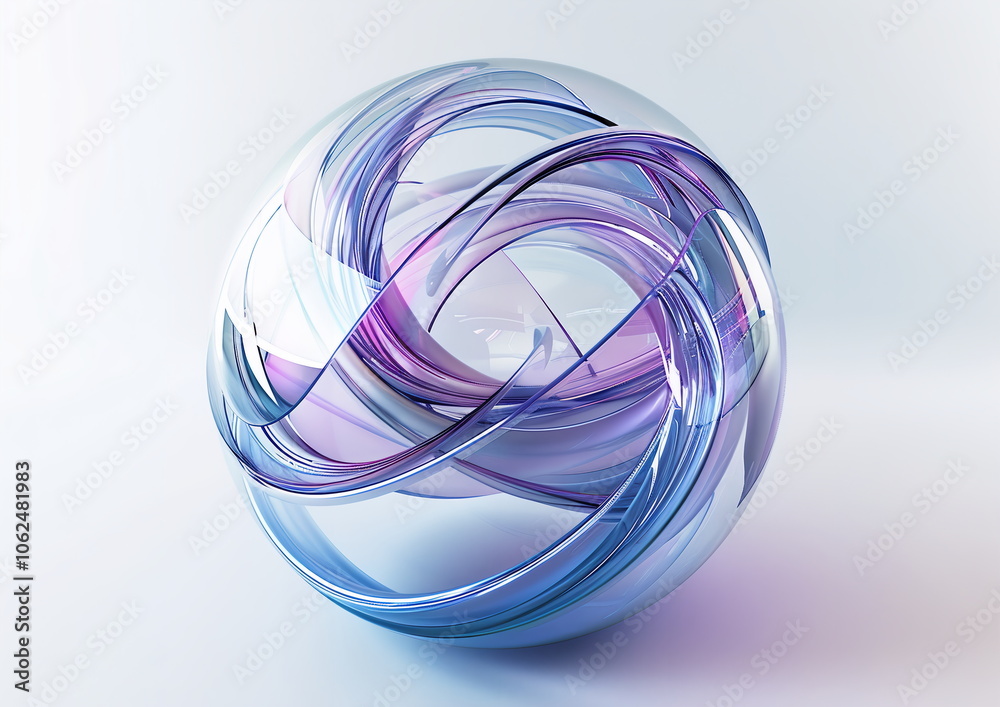 Abstract futuristic glass sphere with lines and ribbons on white background, 3d rendering illustration, white blue purple pastel color theme, isolated щт white background Abstract futuristic glass sphere with lines and ribbons on white background, 3d rendering illustration, white blue purple pastel color theme, isolated щт white background