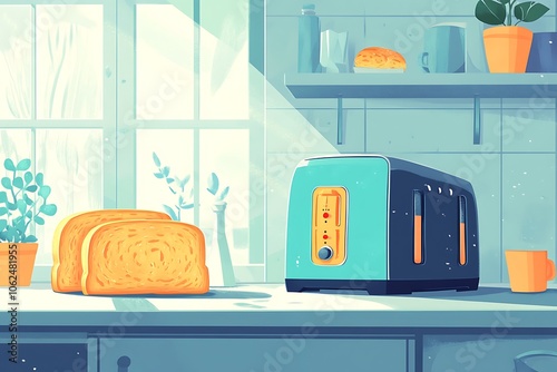 bread and toaster on a kitchen counter