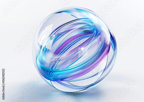 Abstract transparent glass sphere with blue and purple lines on white background, 3d rendering illustration of futuristic abstract shape with holographic element
