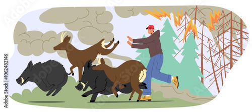 Person And Wildlife, Including Deer And Wild Boars, Flee A Spreading Forest Fire Highlights The Urgency And Chaos