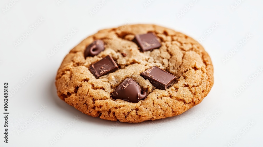 Single chocolate chip cookie in sharp focus, golden-brown surface with melty chocolate, white background, ideal for food packaging design Single chocolate chip cookie in sharp focus, golden-brown surface with melty chocolate, white background, ideal for food packaging design
