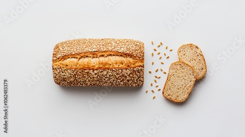 Whole grain bread loaf and slices on a white background, highlighting the nutritious texture, grains, and natural crust with a modern, clean feel photo