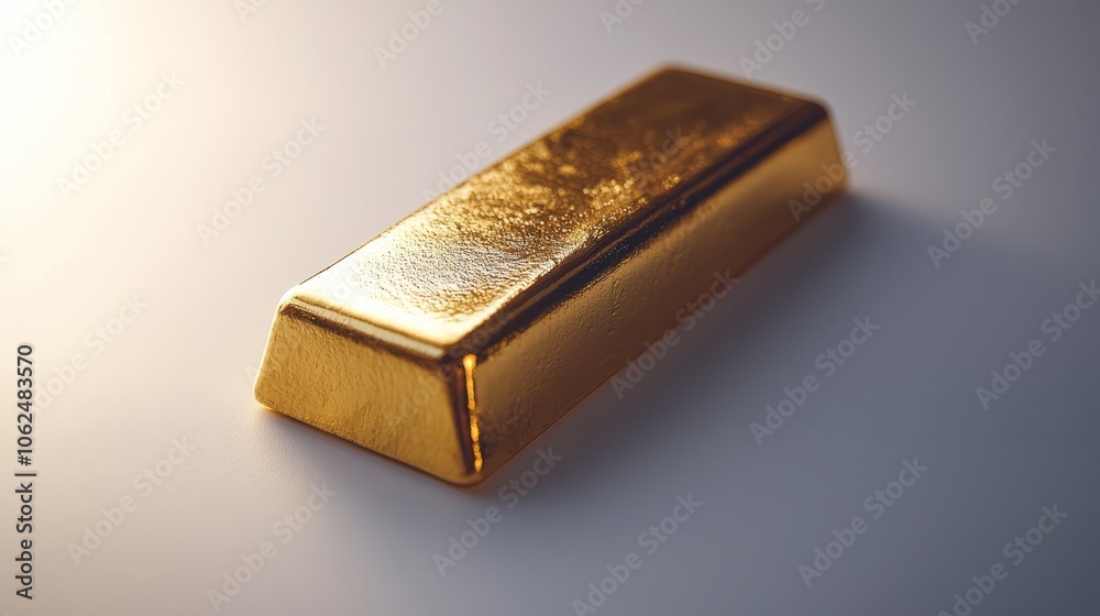 Single gold bar in sharp focus, glowing metallic surface, isolated on a plain white background, ideal for finance or wealth imagery Single gold bar in sharp focus, glowing metallic surface, isolated on a plain white background, ideal for finance or wealth imagery