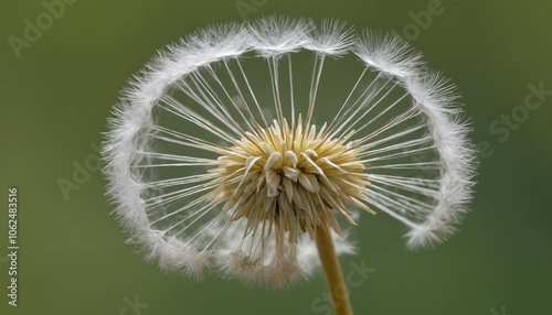 Delicate dandelion seed head illuminated by soft sunlight in a serene natural setting photo