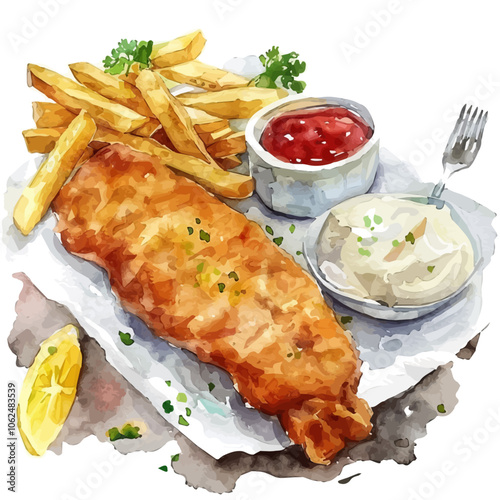 A watercolor vector of Fish and Chips, isolated on a white background.