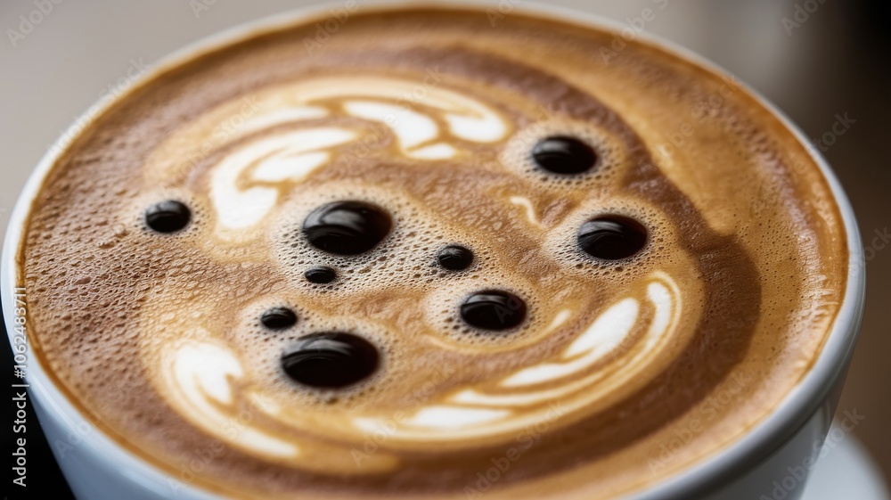 Close-Up of Frothed Coffee with Intricate Latte Art Design Close-Up of Frothed Coffee with Intricate Latte Art Design