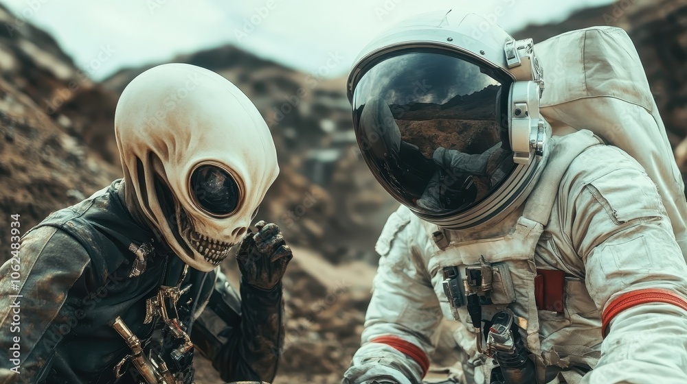 An alien and astronaut sit together on a rugged extraterrestrial landscape, encapsulating an imaginative scene of interspecies unity and exploration in space. An alien and astronaut sit together on a rugged extraterrestrial landscape, encapsulating an imaginative scene of interspecies unity and exploration in space.