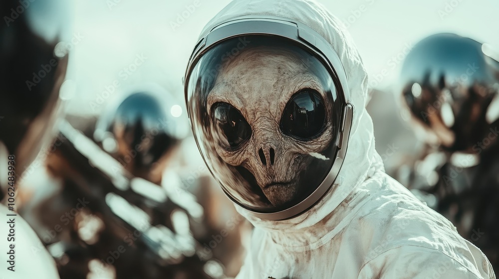 Close-up of a peculiar alien face in a spacesuit with others in the background, representing themes of camaraderie and exploration in an alien world vividly. Close-up of a peculiar alien face in a spacesuit with others in the background, representing themes of camaraderie and exploration in an alien world vividly.