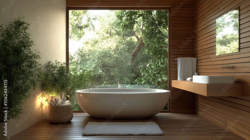 This image features a nature-inspired bathroom with a large window overlooking lush greenery, a freestanding tub, wooden decor, and calming elements for relaxation. This image features a nature-inspired bathroom with a large window overlooking lush greenery, a freestanding tub, wooden decor, and calming elements for relaxation.