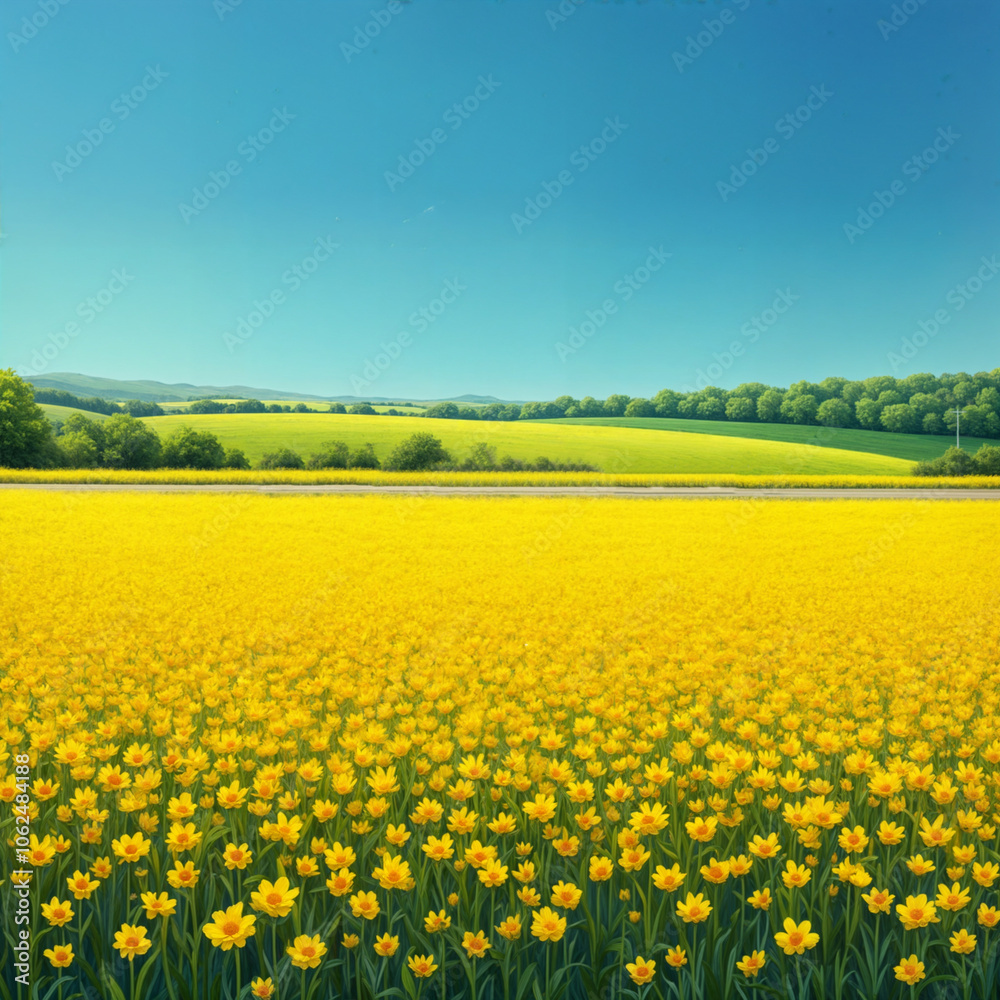 Obraz premium a vibrant yellow field with blue sky in the background, bordered by a line of parked cars.