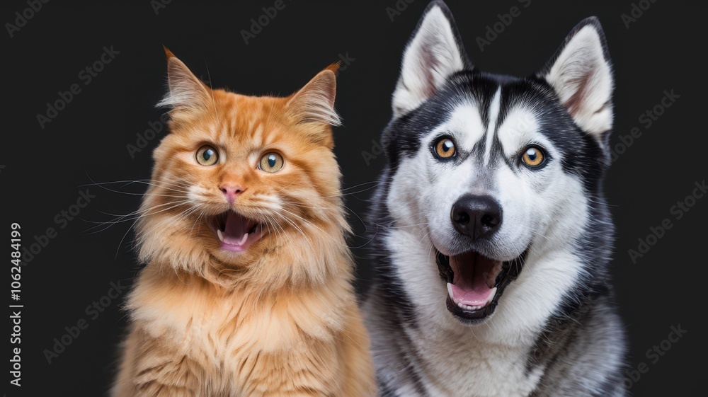 Whimsical Hybrid of Ginger Cat and Husky Dog in Fun Digital Art