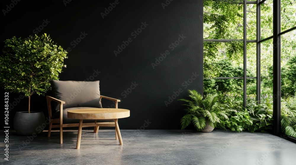 A modern room with a dark theme, featuring sleek design elements, wooden furniture, lush plants, and ample natural light, offering a peaceful retreat indoors. A modern room with a dark theme, featuring sleek design elements, wooden furniture, lush plants, and ample natural light, offering a peaceful retreat indoors.