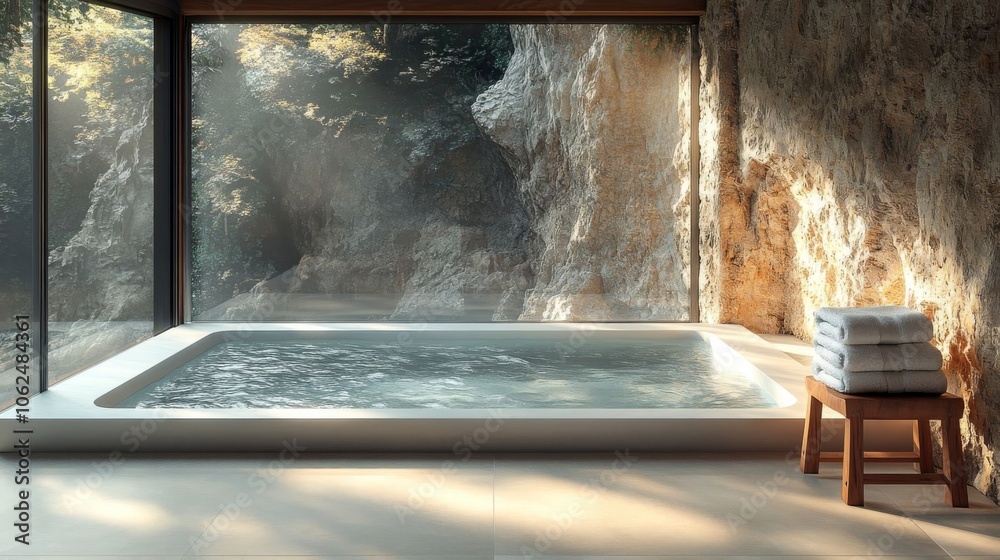 Luxurious soaking tub by a natural stone wall.