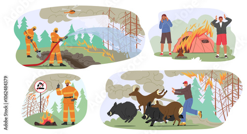 Firefighters Combating Flames, Campers Calling For Help, Fleeing Wildlife, And A Fire Hazard Sign