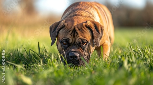 Boerboel dog sniffing and exploring green grass in nature photo