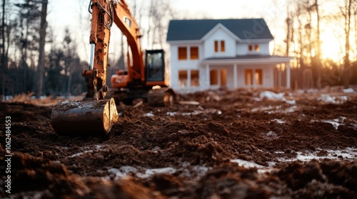 A bulldozer is captured actively engaged in moving earth at a construction site beside a nearly complete winter house, illustrating progress amidst the barren trees.