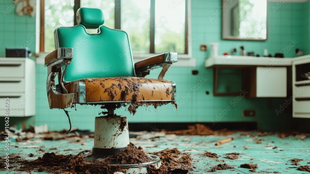 An abandoned barber chair collected with dirt and debris stands in a neglected barbershop, reflecting decay, neglect, and the passage of time in a once-busy place. An abandoned barber chair collected with dirt and debris stands in a neglected barbershop, reflecting decay, neglect, and the passage of time in a once-busy place.