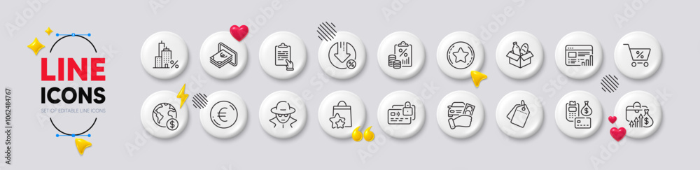 Loyalty star, Fraud and Global business line icons. White buttons 3d icons. Pack of Loyalty points, Mortgage, Web report icon. Rent car, Food donation, Card pictogram. Vector Loyalty star, Fraud and Global business line icons. White buttons 3d icons. Pack of Loyalty points, Mortgage, Web report icon. Rent car, Food donation, Card pictogram. Vector
