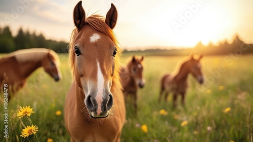 A close-up of a horse faces the camera as the sun sets, casting a warm glow over a field dotted with yellow flowers and several other horses grazing in the soft light.