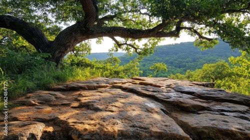 A dramatic scene of a sunlit rocky surface under an overhanging tree branch, emphasizing natural beauty and tranquil harmony in the wilderness.