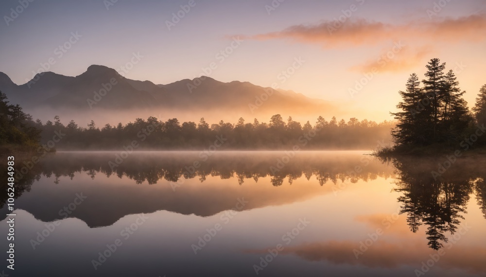 Obraz premium Ethereal sunrise over tranquil waters reflecting misty pines in a serene forest landscape at dawn