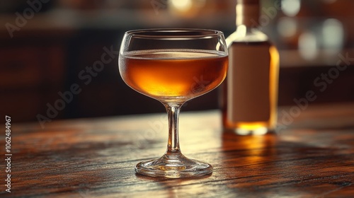 A glass of whiskey on a wooden table.