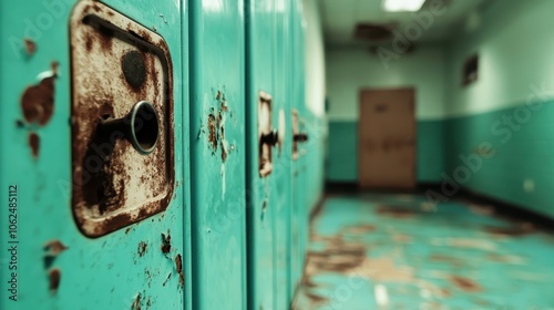 A close-up of a torn, rusty locker in a deserted building, capturing the texture and decay of the metal in a poignantly haunting and nostalgic atmosphere. photo