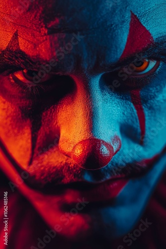 Portrait of a clown in the circus arena featuring vibrant pink, dark blue, and orange colors