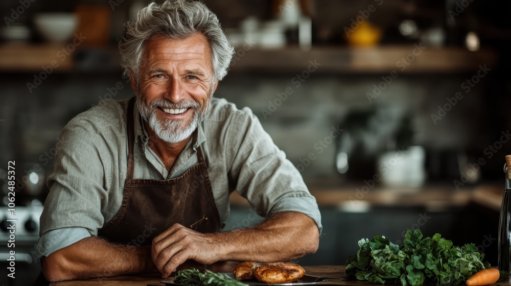 A smiling, gray-haired man works in a rustic kitchen setting, wearing an apron and preparing fresh herbs, highlighting passion for cooking and traditional culinary style. A smiling, gray-haired man works in a rustic kitchen setting, wearing an apron and preparing fresh herbs, highlighting passion for cooking and traditional culinary style.