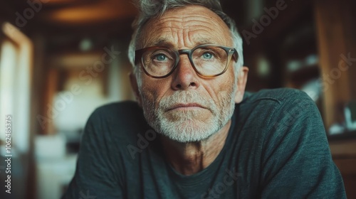 An older man with glasses gazes reflectively into distance in a cozy indoor space, suggesting thoughtfulness, wisdom, and an appreciation for solitude and calm. photo