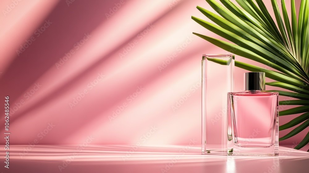 A sophisticated perfume bottle set against a soft pink background with artistic lighting casting shadows of tropical leaves, creating a vibrant yet calm ambiance. A sophisticated perfume bottle set against a soft pink background with artistic lighting casting shadows of tropical leaves, creating a vibrant yet calm ambiance.