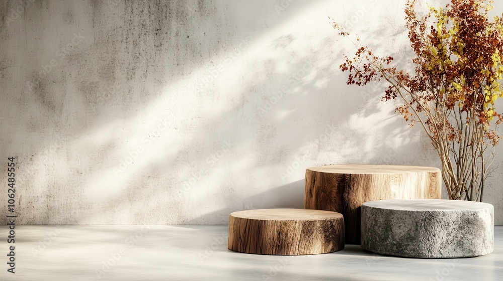 Aesthetic arrangement of three varied height wooden pedestals beside delicate fall foliage, casting artistic shadows on a plain backdrop with natural light. Aesthetic arrangement of three varied height wooden pedestals beside delicate fall foliage, casting artistic shadows on a plain backdrop with natural light.