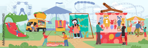 Amusement Park Scene Filled With Carnival Games, Food Trucks, Rides And Attractions. People Enjoy Activities