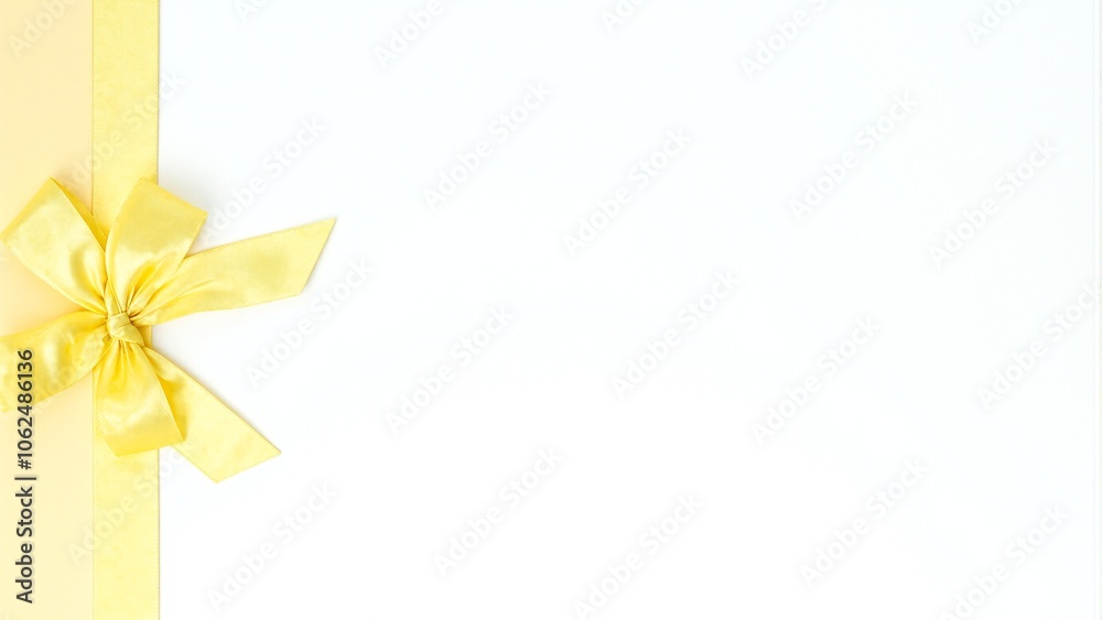 Obraz premium Pastel yellow ribbon bow on bright white surface perfect for summer spring themes