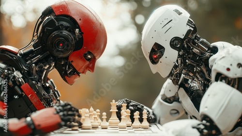 Two advanced humanoid robots, one with a red and black exterior, the other white, deeply engaged in a chess game, embodying competition and artificial intelligence.