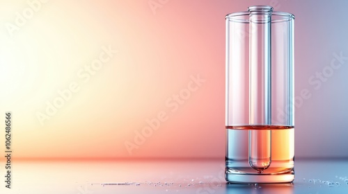 A glass with orange liquid set against a colorful background, emphasizing the optical effects of liquid and glass interaction in a modern abstract style.