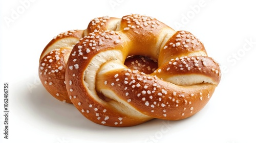 Freshly baked pretzel with a warm brown sheen and chunky salt, perfectly centered on a clean white background, subtle shadows for depth