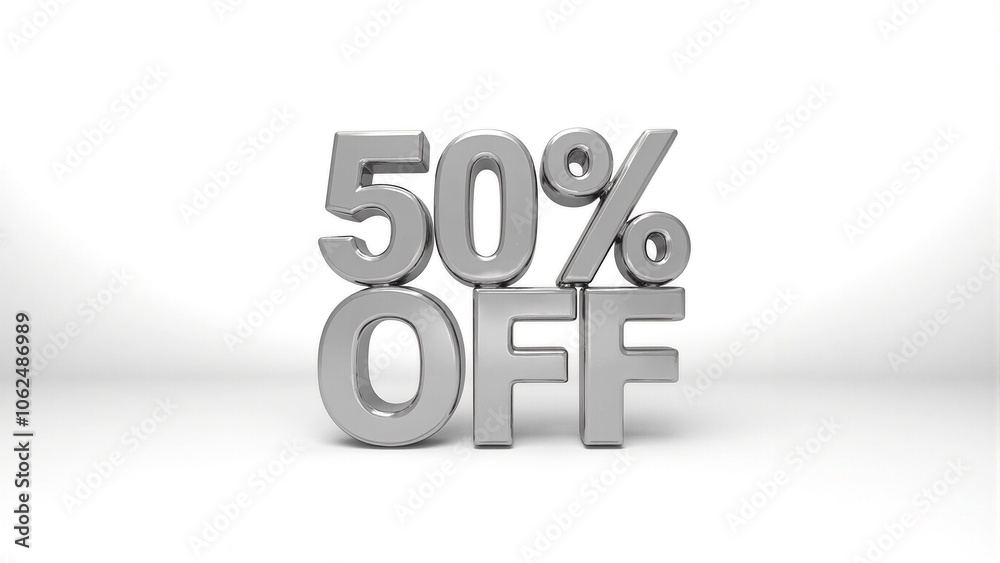Elegant 50 OFF in silver 3D letters on white background Elegant 50 OFF in silver 3D letters on white background