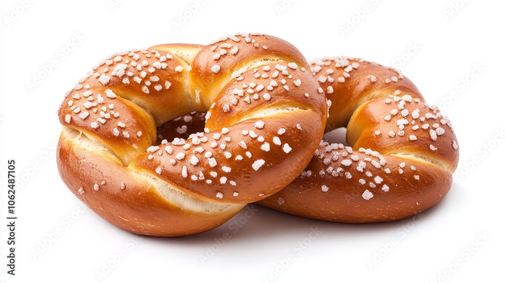 Glossy pretzel with thick, doughy twists, sprinkled with salt crystals, isolated on white, its rich brown color and texture catching the light Glossy pretzel with thick, doughy twists, sprinkled with salt crystals, isolated on white, its rich brown color and texture catching the light
