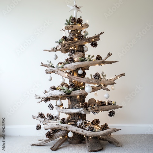 Sapin de Noël alternatif en bois flotté et pommes de pin. photo