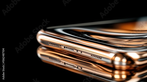 The image captures a close-up of a modern smartphone, emphasizing its sleek and reflective surface against a black background, highlighting its luxurious design.
