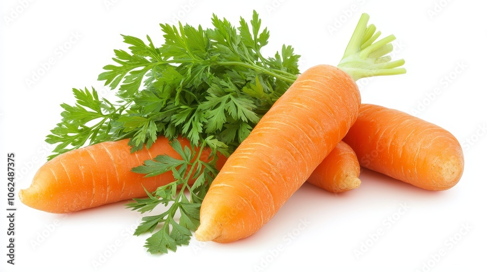 Fresh carrots with vibrant orange skins and lush green leaves, isolated on a pure white background, sharp focus on the texture and natural details Fresh carrots with vibrant orange skins and lush green leaves, isolated on a pure white background, sharp focus on the texture and natural details