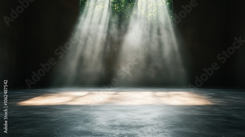 Ethereal sunrays pierce through mist to illuminate an empty room, capturing the quiet beauty and mysticism of light and shadow, suggestive of introspection and solitude.
