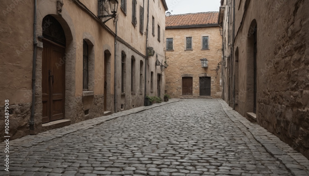 A tranquil cobblestone street illuminated by warm lights in an ancient town during twilight, evoking a sense of serene nostalgia