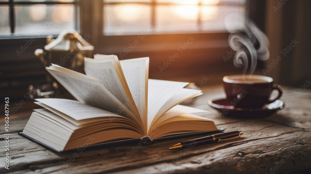 A book is open on a table with a cup of coffee next to it. The book is titled A book is open on a table with a cup of coffee next to it. The book is titled