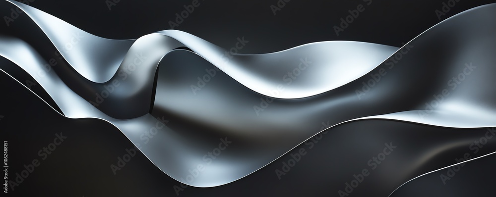 Obraz premium Vagues métalliques argentées sur fond noir, design abstrait et épuré.